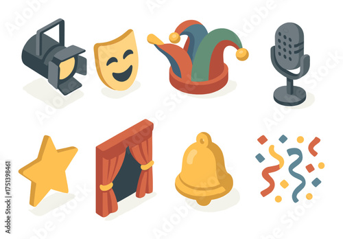 Colorful theater icons: masks, jester hat, microphone, stage, bell, confetti, star