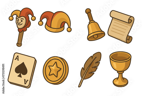 Colorful medieval icons: jester hat, bell, scroll, ace of spades, gold coin, feather, chalice