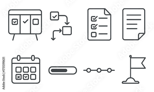 Business and project management icons set on black background
