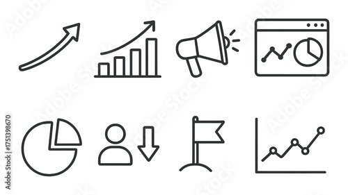 Business analytics icons: growth, marketing, metrics, user engagement
