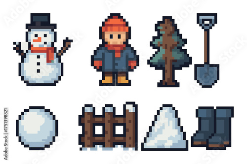 Pixel winter scene: snowman, child, tree, shovel, snowball, fence, snowpile, boots