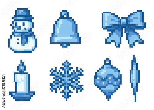 Retro pixel winter icons with snowman, bell, bow, candle, snowflake, ornament, skate