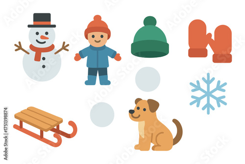 Winter fun: snowman, child, dog, and festive winter icons