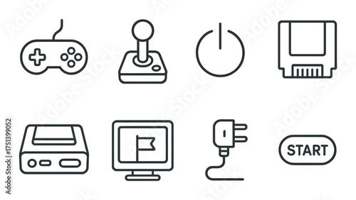 Retro gaming icons: gamepad, joystick, power button, cartridge, console, monitor, plug, start