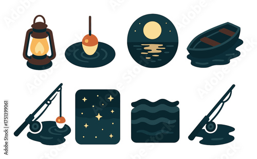 Night fishing scene with lanterns, boat, and moon reflections