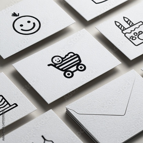 White Cards with Black Line Drawings of Birthday Cake Smiling Face Baby Stroller and Other Icons on Textured Surface