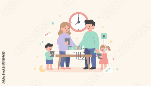 Happy family charging devices before bedtime Promoting digital detox and healthy screen time habits