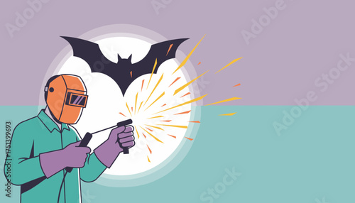 Welder with sparks under a full moon and bat Industrial work meets spooky night theme