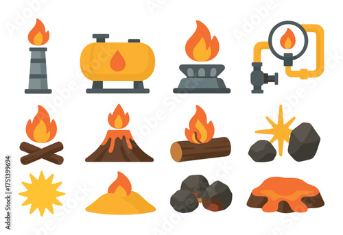Icons of various heat sources: fireplace, volcano, gas flame, campfire, sun