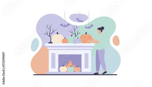 Woman decorating for Halloween with pumpkins and bats on a cozy fireplace mantel Festive fall decor