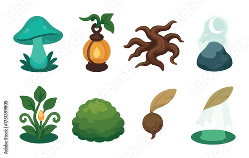 Magical nature icons: glowing mushrooms, mystic lanterns, enchanted plants, celestial stones