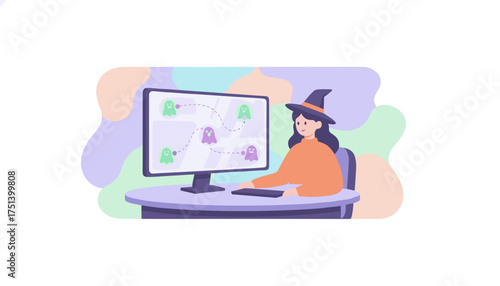 Woman in witch hat interacting with cute digital ghosts on computer Modern Halloween activity