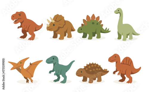 Colorful cartoon dinosaurs collection: t-rex, triceratops, stegosaurus, brontosaurus, pterodactyl, velociraptor, ankylosaurus, spinosaurus