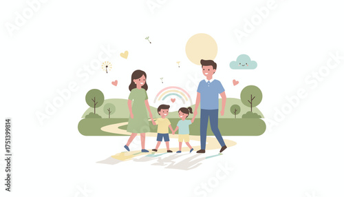 Happy family with two children walking in a park Love care togetherness lifestyle