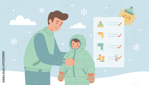 Dad helps child get ready in warm winter clothes with a checklist for cold weather