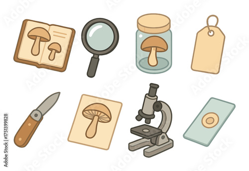 Mushroom study elements: magnifying glass, microscope, jar, knife, book illustrations