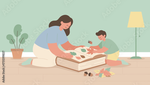 Mother and child collecting autumn leaves for a nature study book at home Learning and bonding