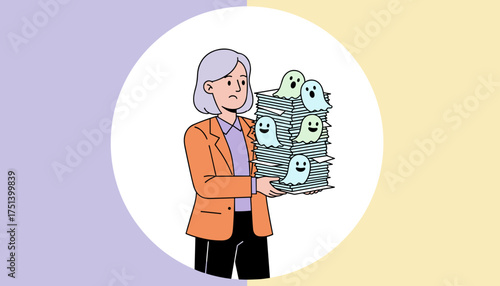 Woman burdened by a tall stack of papers and ghost deadlines symbolizing overwhelming tasks and stress