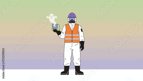 Worker in protective gear detects a ghost with a device symbolizing mystery safety or detection