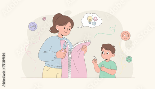 Mother and son repairing a zipper illustrating DIY learning and creative solutions
