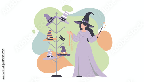 Creative witch selecting a hat holding a measuring tape and magic wand Halloween fashion