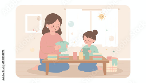 Happy mother and child folding laundry at home Family lifestyle and chores concept