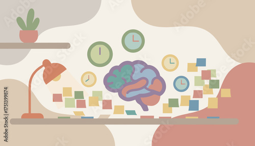 Creative thinking time management and idea generation concepts with brain clocks and notes
