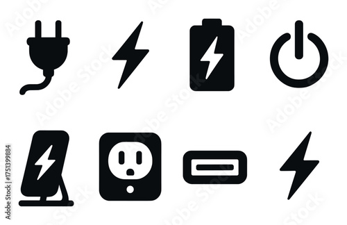 Black electric icons collection: plug, power, battery, charge, energy symbols