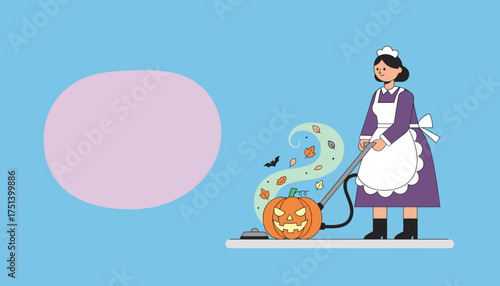 Housekeeper vacuums a Halloween pumpkin leaves and bat Autumn cleaning concept