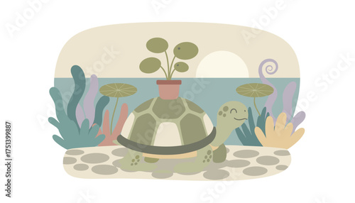 Happy cartoon turtle carrying a potted plant by serene water surrounded by whimsical nature