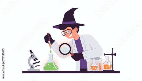 Person in lab coat and wizard hat conducts a chemistry experiment using a dropper and magnifying glass