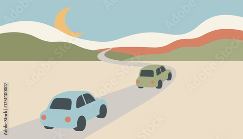 Two cars on a winding road through a peaceful abstract landscape under a crescent moon Travel concept