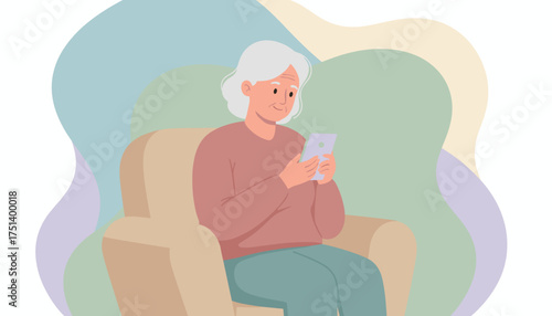 Smiling senior woman uses smartphone while relaxing in an armchair staying connected
