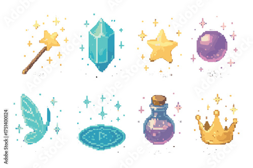 Colorful pixel art magic items collection with wand, crystal, star, and crown
