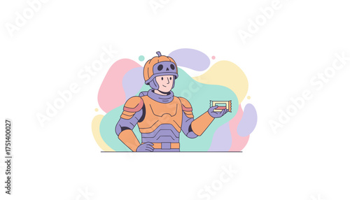 Friendly character in pumpkin armor offering a snack bar Halloween gaming or festive promotion