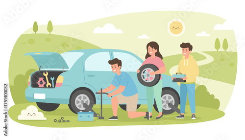 Friends help change a flat tire on a car during a road trip in a scenic landscape