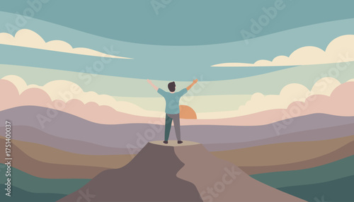 Person celebrating success atop a mountain at sunset symbolizing freedom and achievement