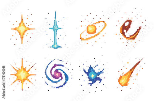 Colorful pixel art space icons: stars, galaxies, and comets in vibrant glow