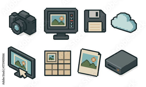 Retro digital media icons including camera, monitor, floppy disk, cloud storage, and printer