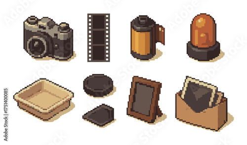 Retro photography equipment pixel art style with vintage camera and darkroom tools