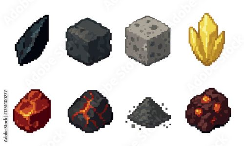 Pixel art minerals: obsidian, coal, limestone, gold, lava, ash, ember