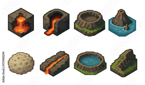 Set of eight isometric volcanic and geological icons with various elements