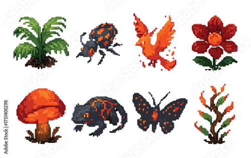 Pixel art creatures and flora with vibrant colors and glowing effects