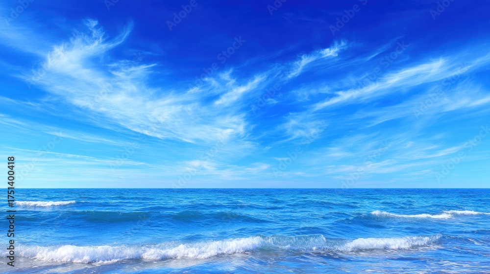 Obraz premium Tranquil Ocean View Under Bright Blue Sky with Wispy Clouds and Gentle Waves Lapping at the Shoreline Along a Serene Coastal Landscape