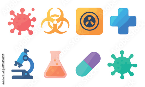 Glowing health icons: microscope, virus, biohazard, chemistry flask, medical capsule