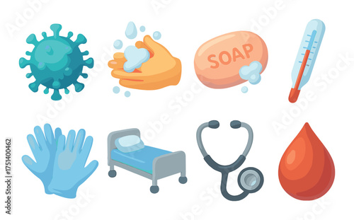 Hygiene and health icons: soap, thermometer, face mask, stethoscope, blood drop, virus