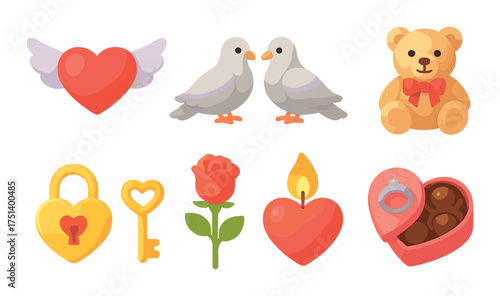 Romantic symbols collection with heart, dove, teddy bear, and rose