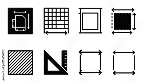 Set of measurement and grid icons on dark background