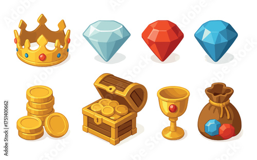 Colorful collection of crown gems coins chest chalice bag icons for gaming