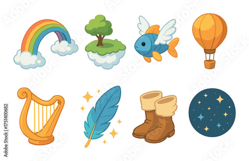 Whimsical cartoon icons: rainbow, floating island, flying fish, and more